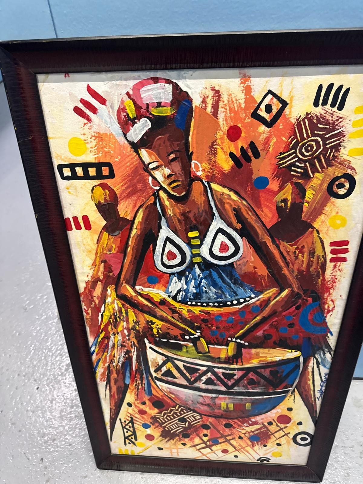 AFRICAN WOMAN DRUMMER PAINTING FRAMED TRIBAL ART COLORFUL ABSTRACT SIGNED