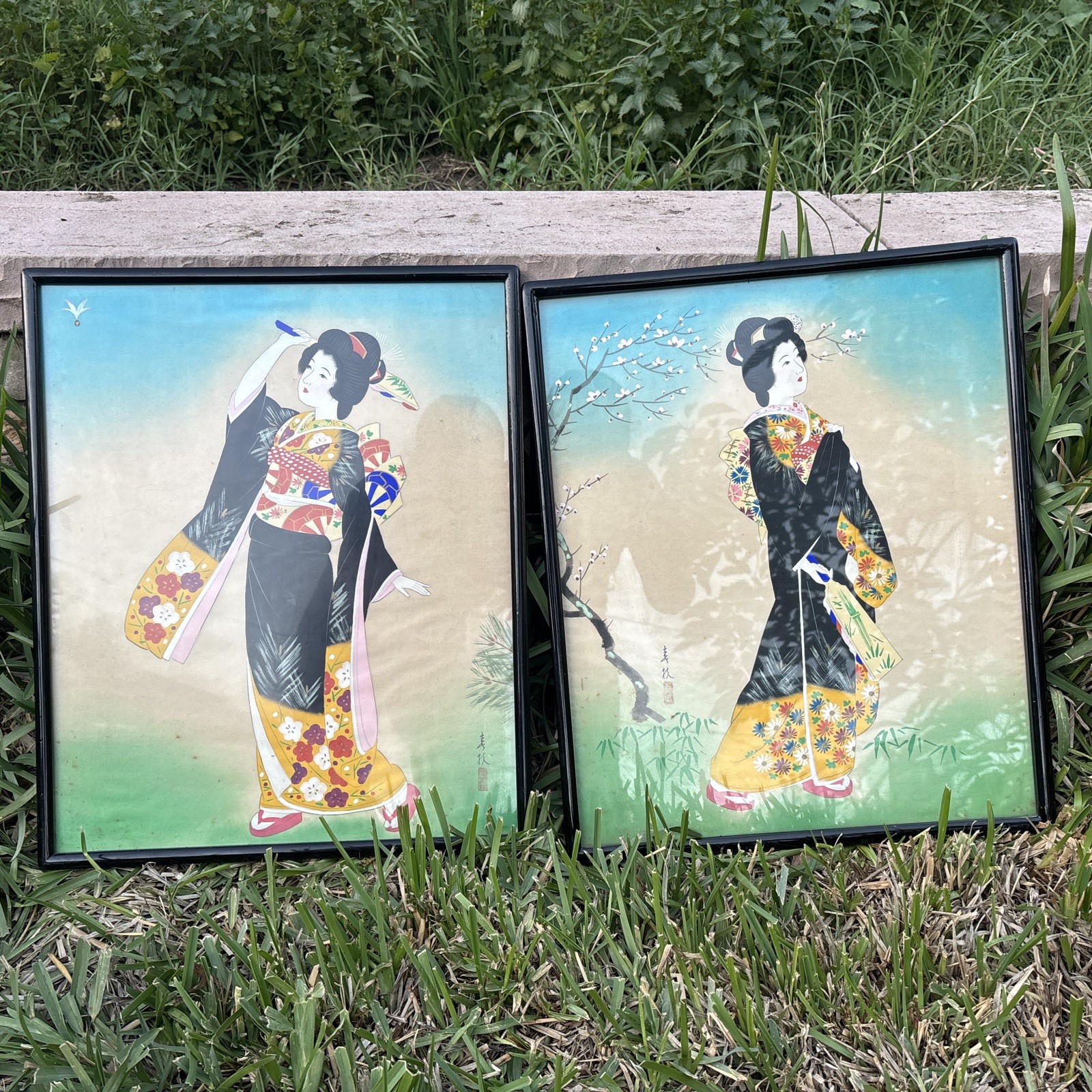 Pair Mid-Century Japanese Geisha Silk Prints Framed – Export Art