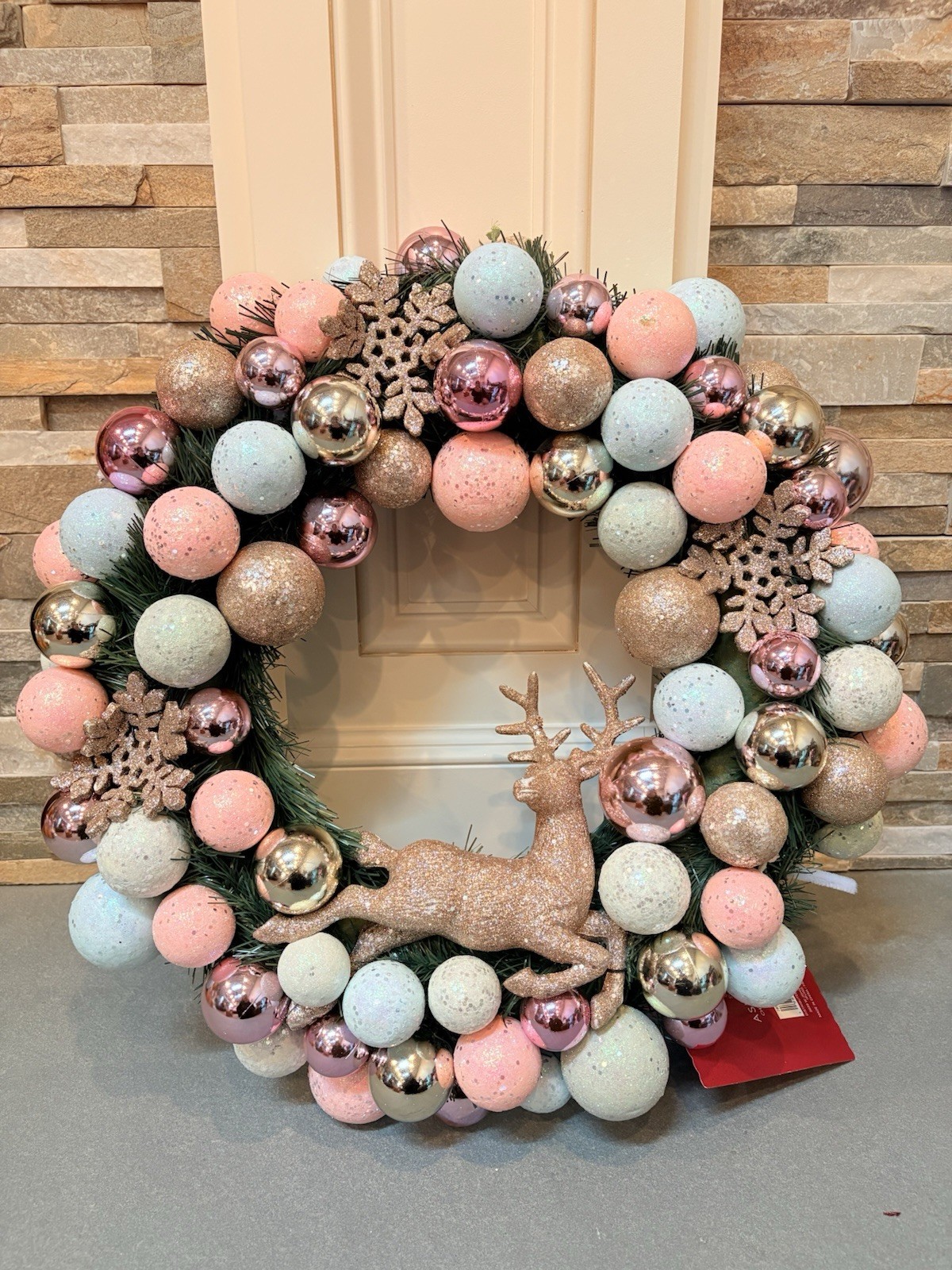Ashland Christmas Wreath 18in Pink Blue Gold Ornament with Deer & Snowflake