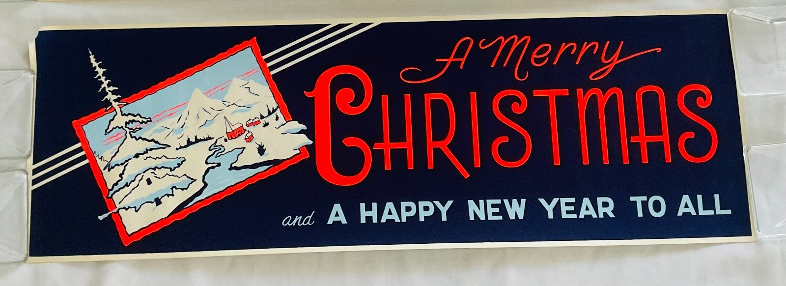 Vintage 1950s 60s Merry Christmas Happy New Year Poster Ski Store Display  34x11