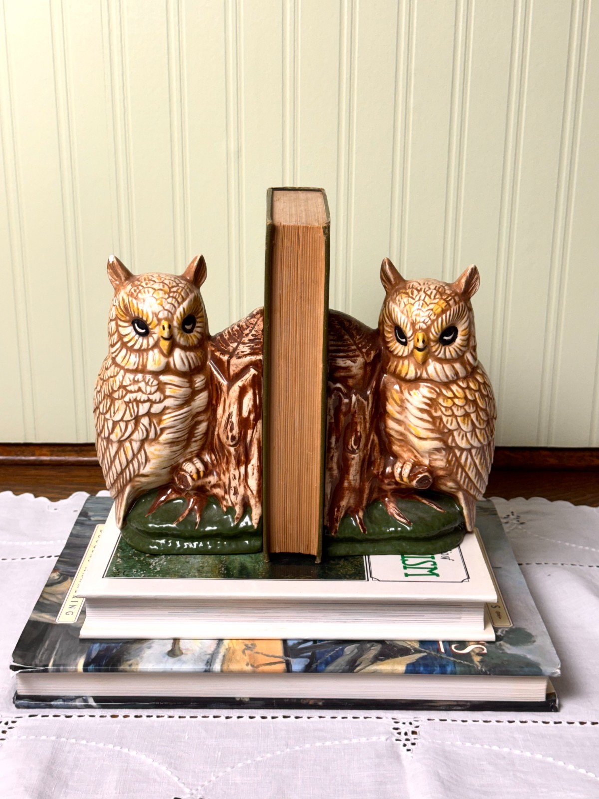 Vtg 70s Owl Bookends Pair Glazed Ceramic Handmade Signed Woodland Tree Stump