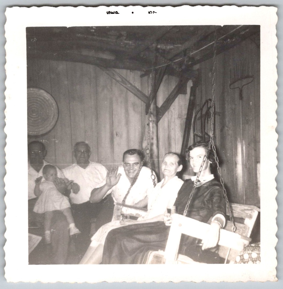 Vtg B&W Snapshot Family Group Sitting Porch Swing Deck Waving Barn Sep 1957 Vtg B&W Snapshot Family Group Sitting Porch Swing Deck Waving Barn Sep 1957