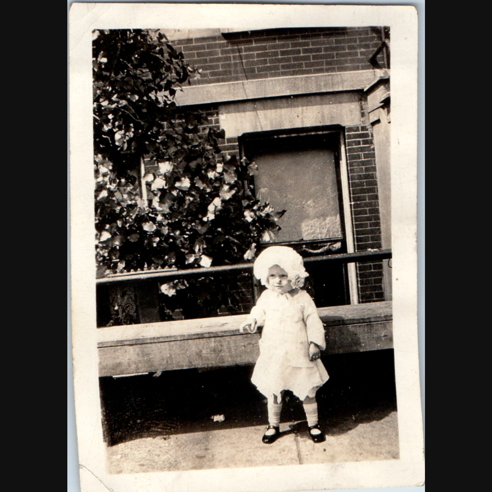 c1920s Toddler Child Flapper Dress Bonnet Hat Snapshot Photo Brick Building Vtg