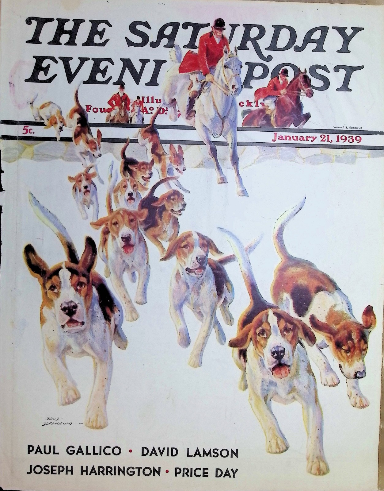Original Jan 21, 1939 Saturday Evening Post Cover Only: Hound Dogs Fox Hunting