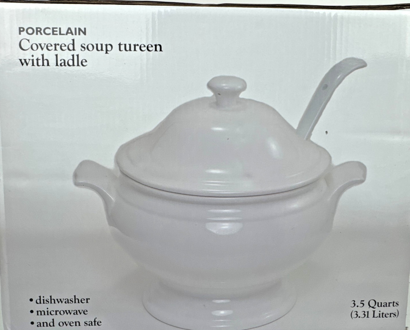 White Porcelain Soup Tureen 3.5 Quart with Lid and Ladle Open Box