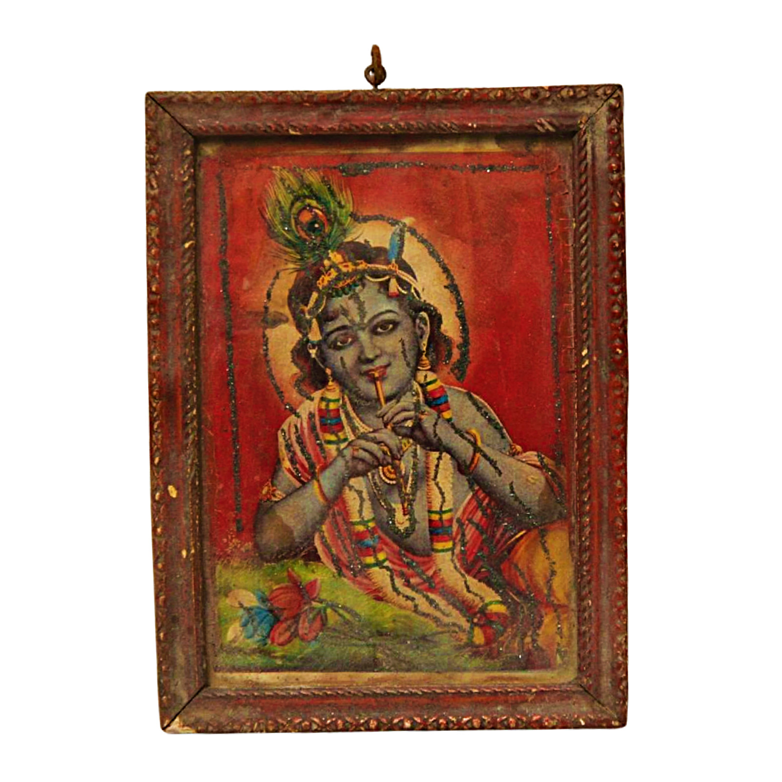 Vintage Lord Krishna Bal Gopal Hindu Religious Lithograph Print – Wooden Framed