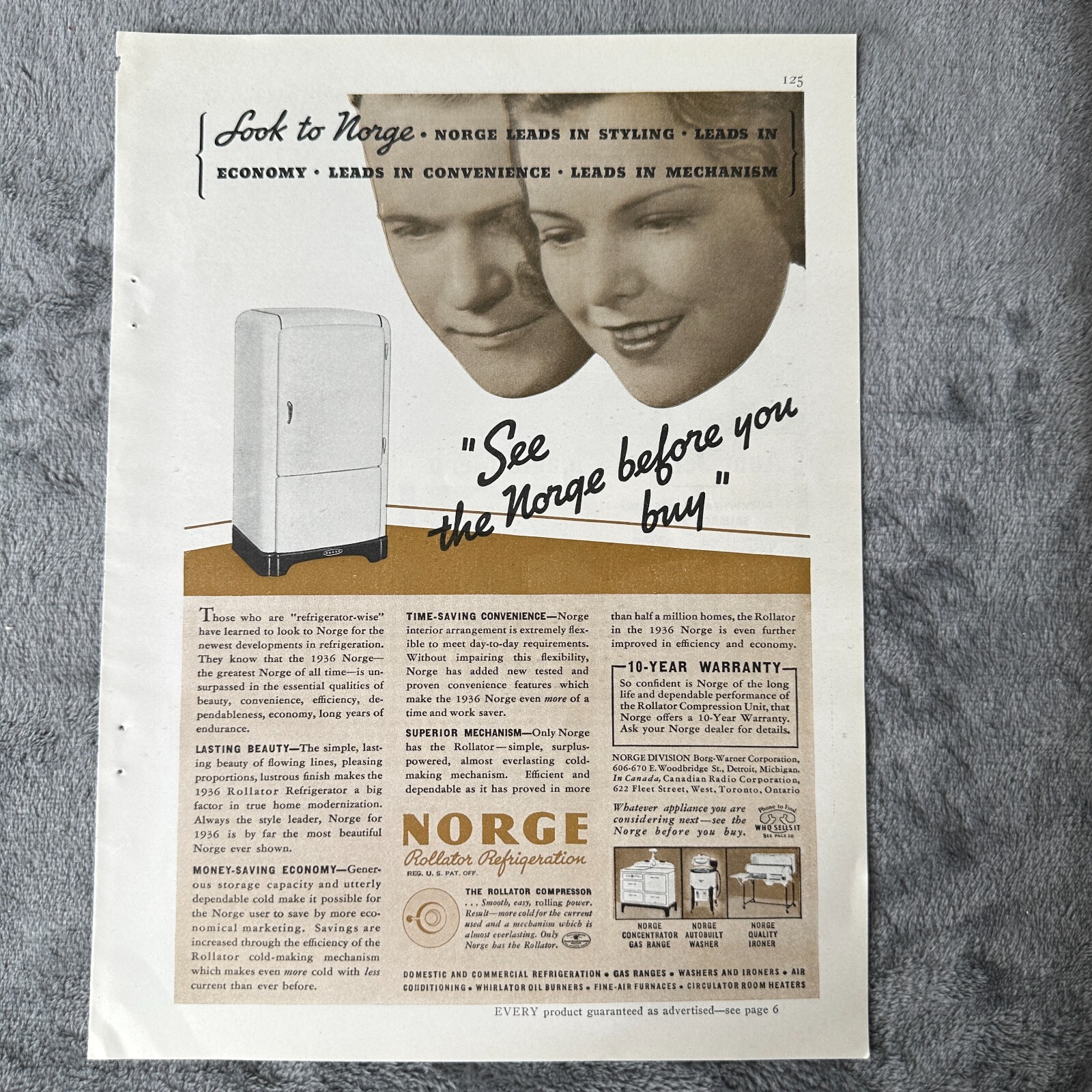 Vintage 1936 Norge Refrigerator Print Ad See the Norge Before You Buy Appliance