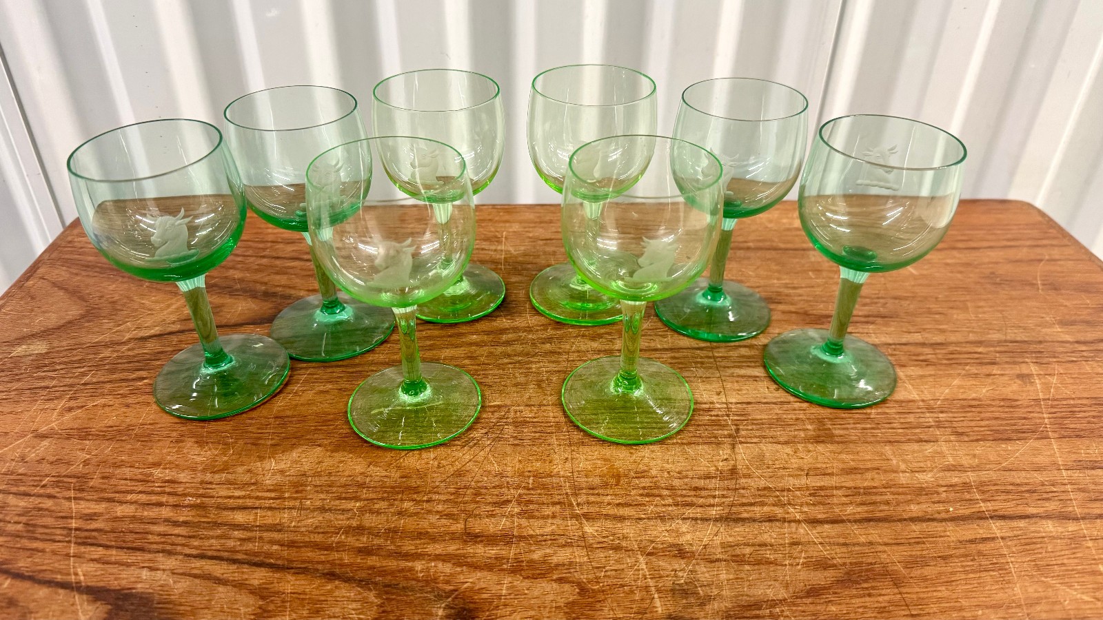 Antique French Hand Blown Green Uranium Wine Glasses With Bulls Head Set Of 8