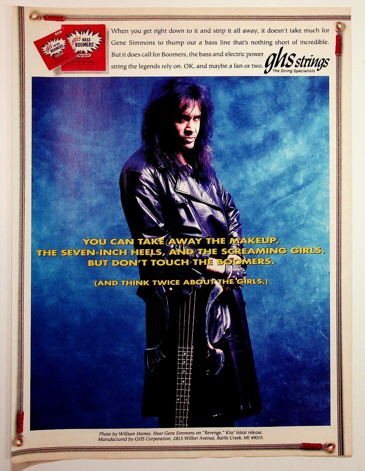 Vintage 1992 Gene Simmons KISS GHS Bass Boomers Strings Magazine Ad Vintage 1992 Gene Simmons KISS GHS Bass Boomers Strings Magazine Ad