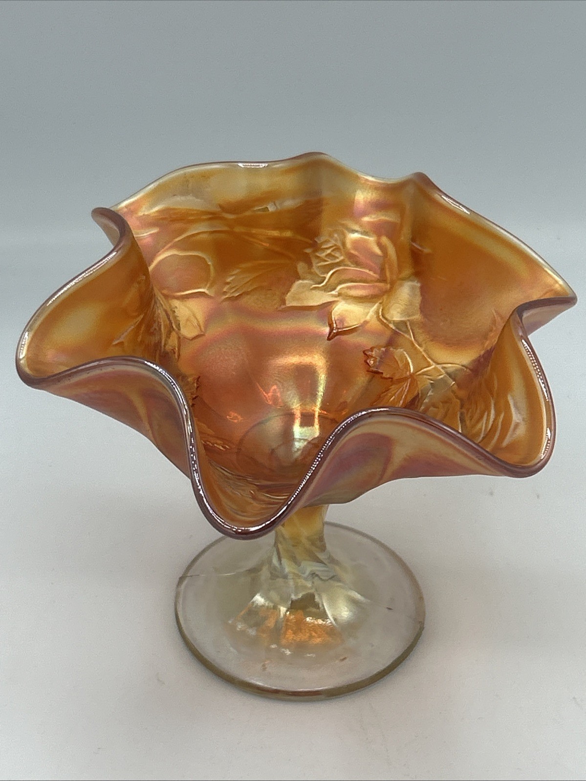 Vtg Fenton Marigold  Carnival Glass Fluted Compote Pedestal Candy Nut Dish 5\