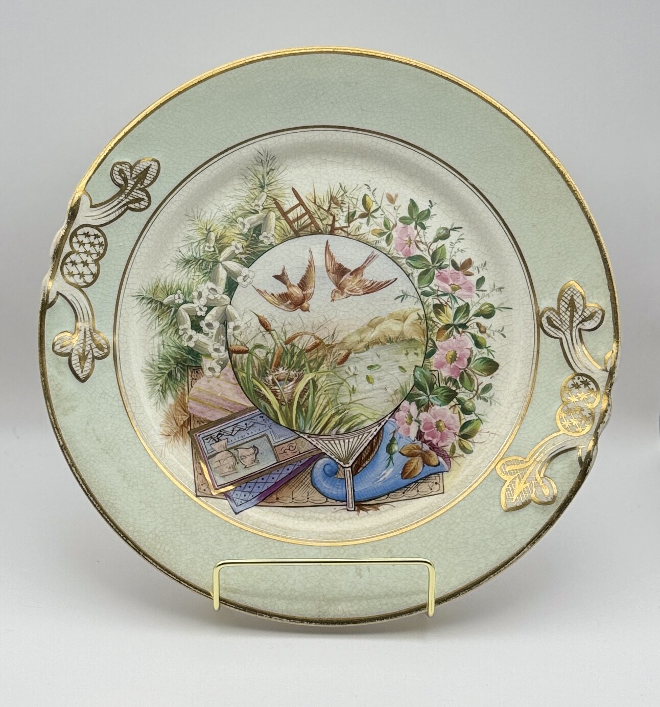 Porcelaine Opaque French T.P.W Plate Intricate Bird and Floral Design Antique