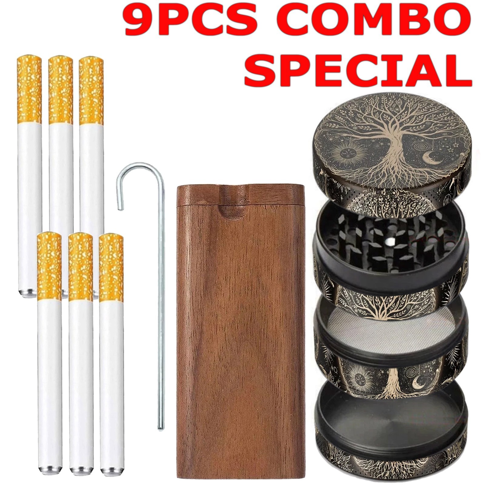 9PC Ceramic Dugout One Hitter + Aluminum Herb Grinder Cigarettes Grinder Pocket