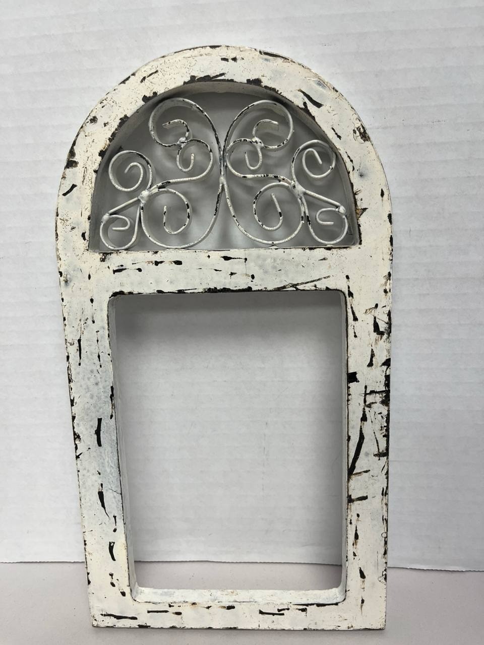 Vintage Shabby Chic Arched Wood & Metal Scroll Window Frame Decor 11.5