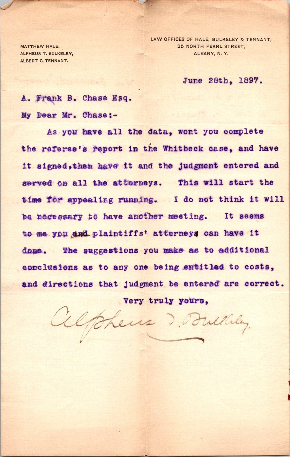 Law Offices Of Hale Bulkeley & Tennant 1897 Albany NY Letterhead Billhead TL8
