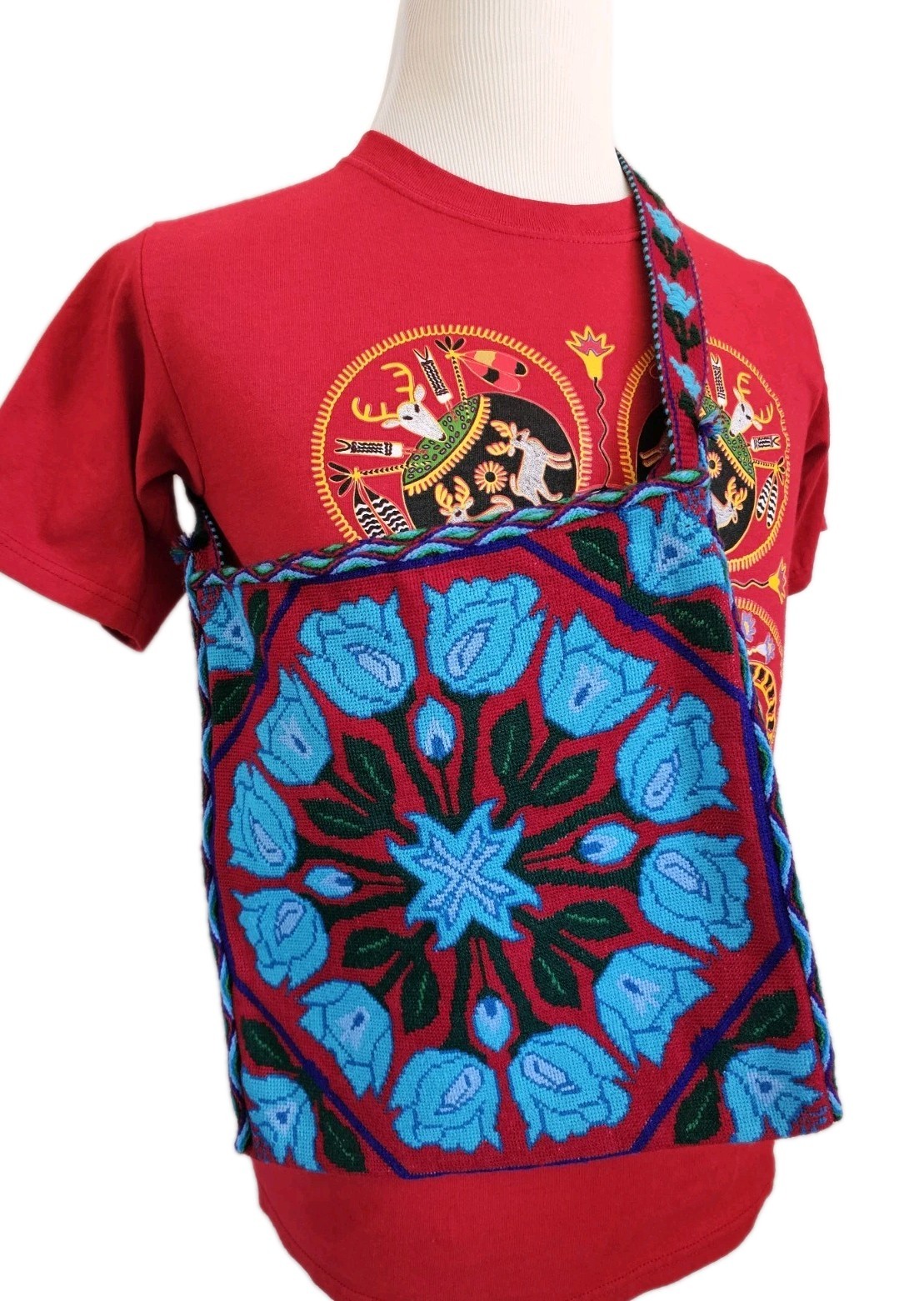 RARE Contemporary Huichol Textile Hand Embroidered Blue Roses Vibrant Bag