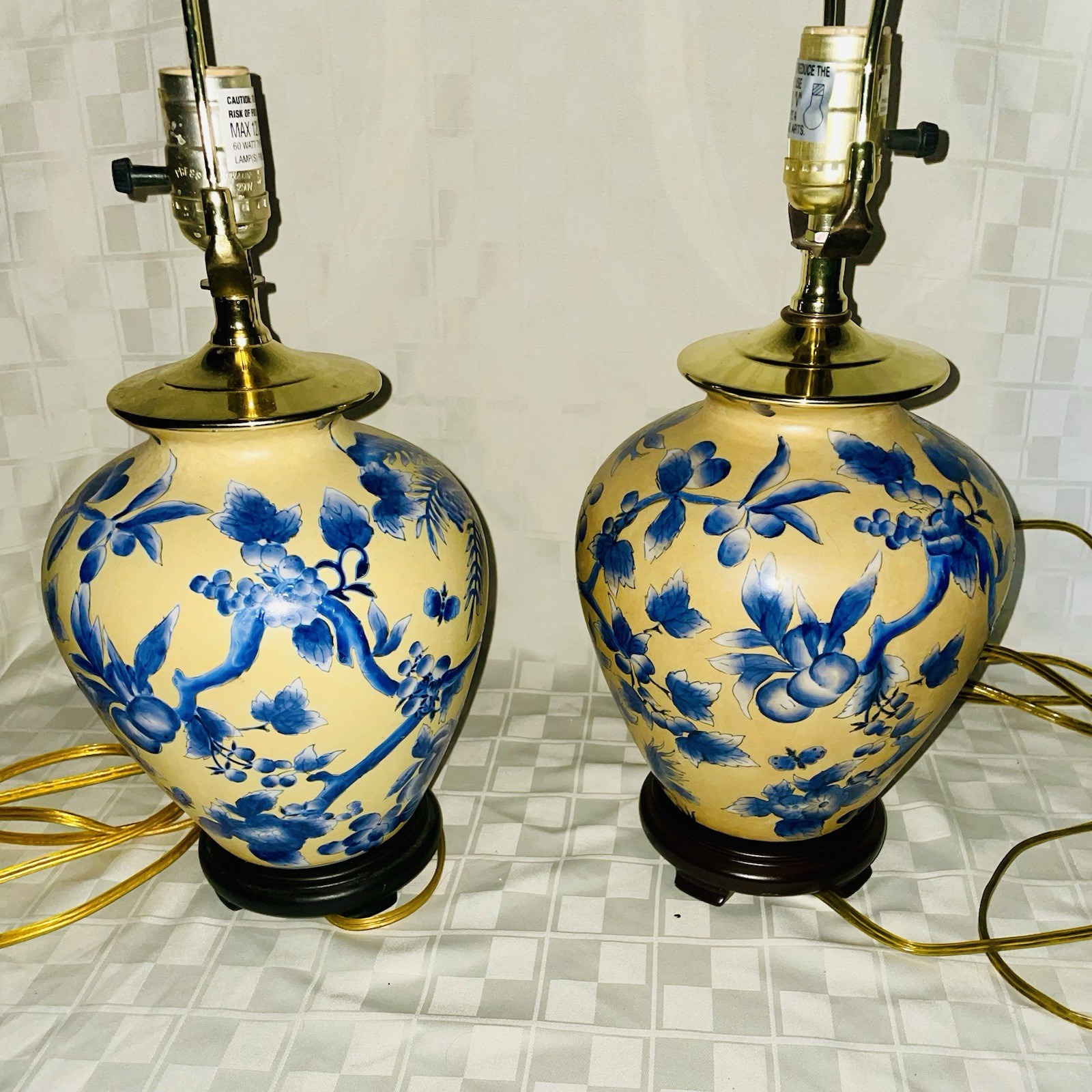 SET 2 Oriental Accent Chinoiserie Table Lamps Yellow and Blue Ginger Jar Brass