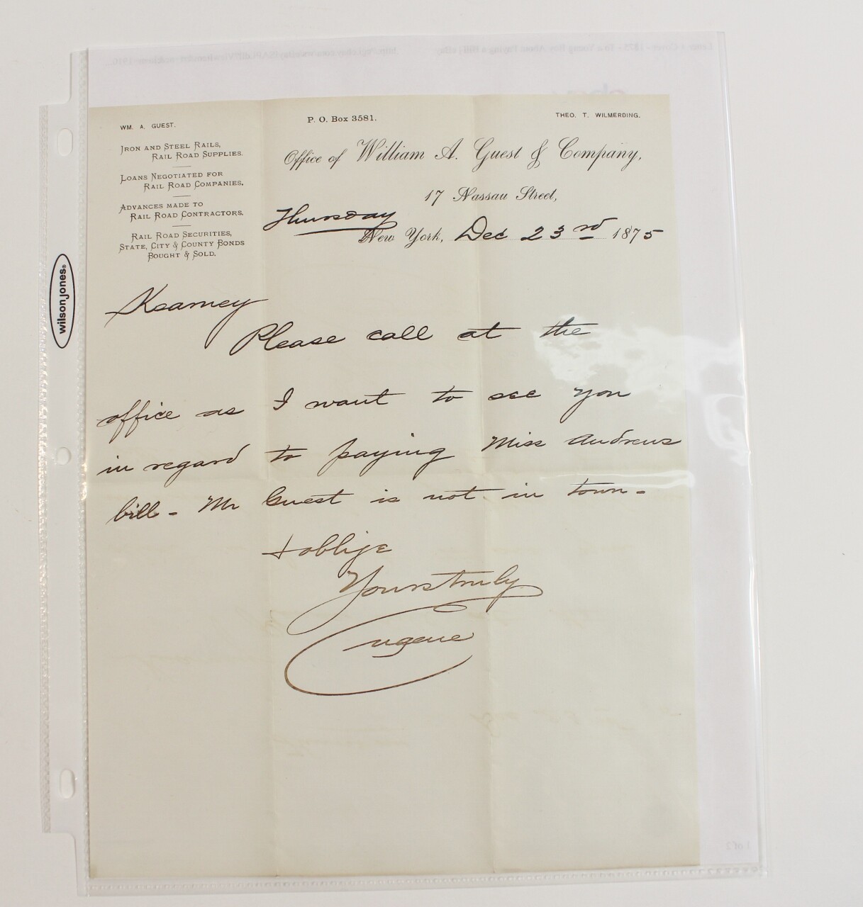 VTG 1800\'s 1875 Original Document Letter William A Guest December 23 