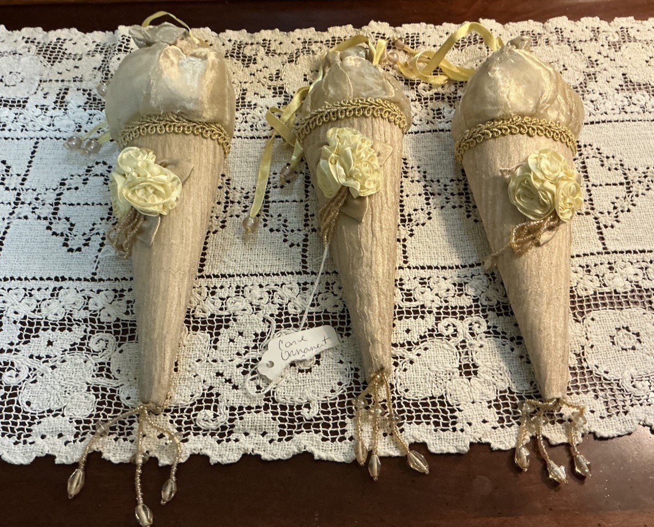 Lot Of 3 Handmade Victorian Cone Ornaments Embellished Silk Rosette Roses & Lace