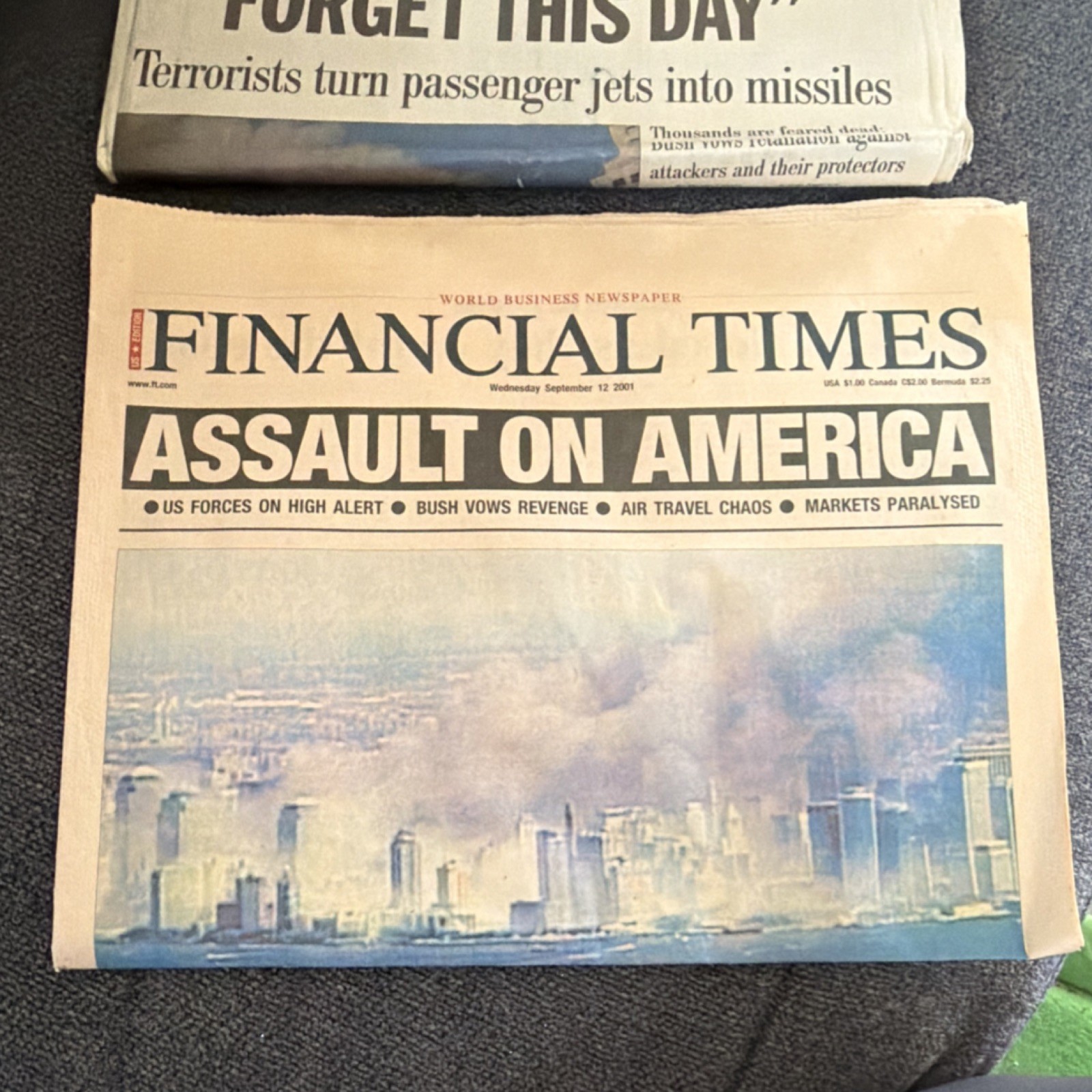 Financial Times September 12, 2001 'Assault on America' 9/11 Newspaper
