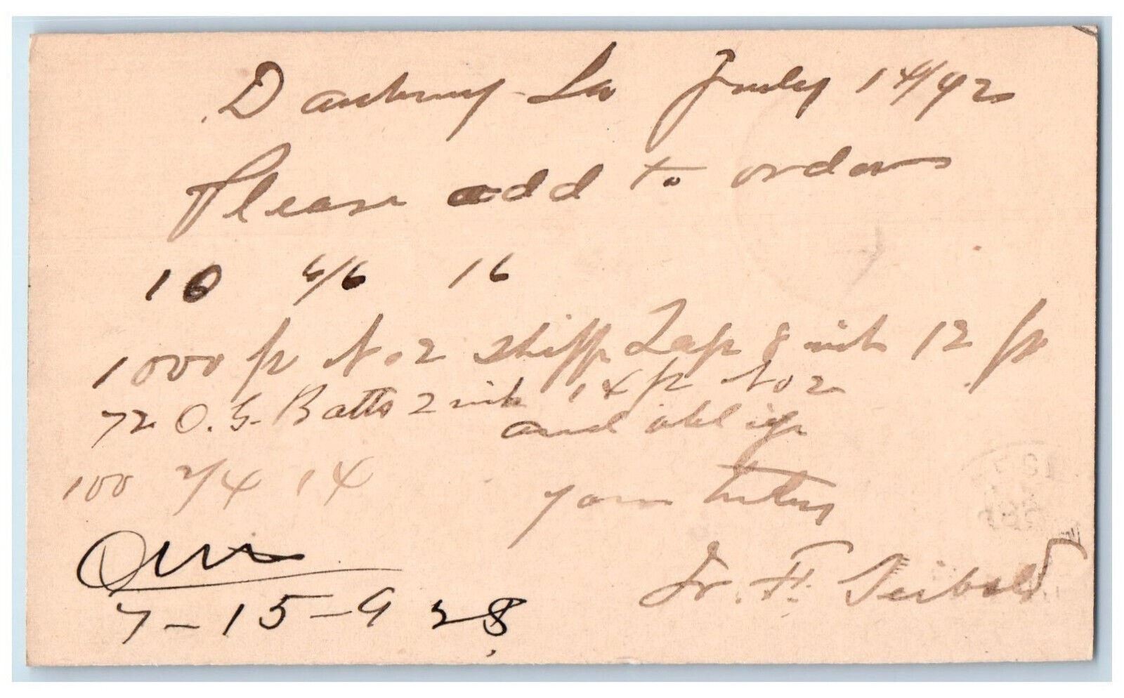 1892 Please Add to Order WJ Young an Co Danbury IA Clinton Iowa IA Postal Card