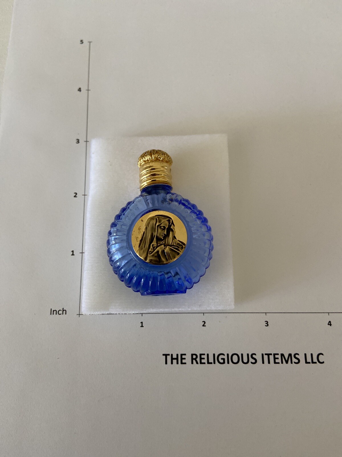 Holy Water Bottle-blue glass-pressed motif of Madonna-brass