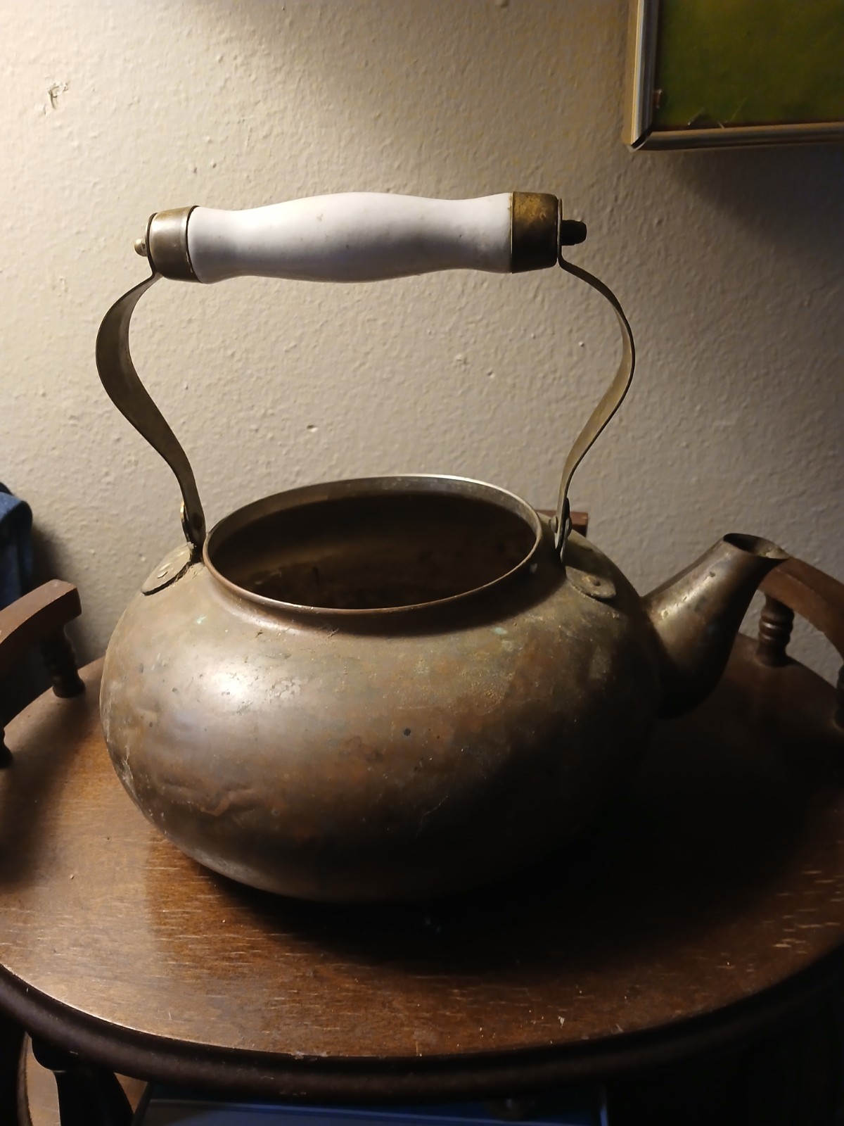 Late 1800s Copper Brass Kettle Porcelian Handle 10.5\