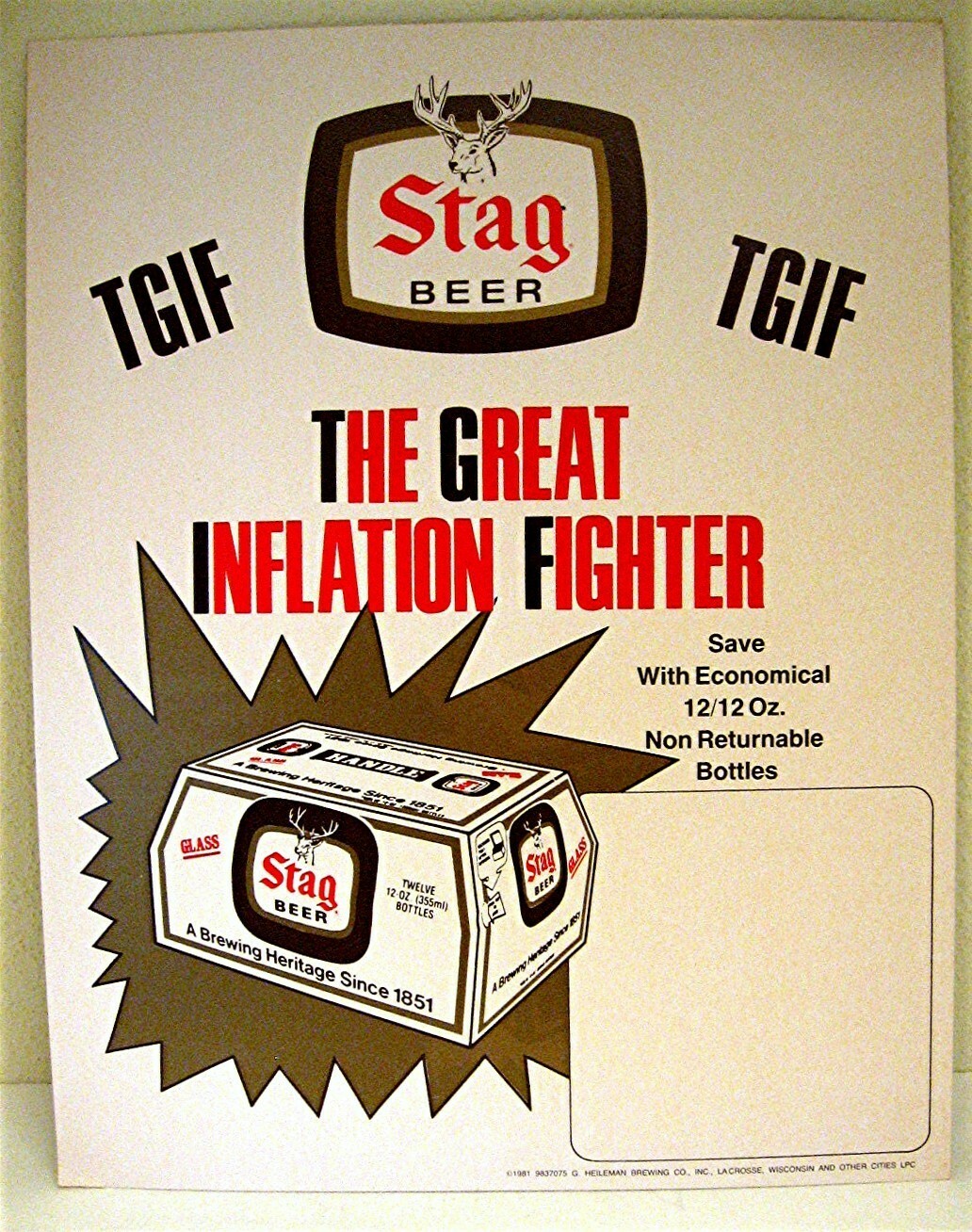 1981 Stag Beer TGIF 12 Pack Great Inflation Fighter Cardboard Store Price Sign