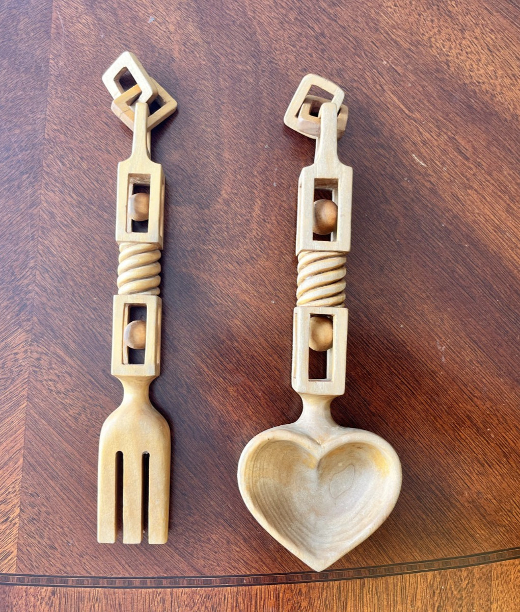 Carved Wooden Love Spoon and Fork Set W/Links and Balls-Rare find