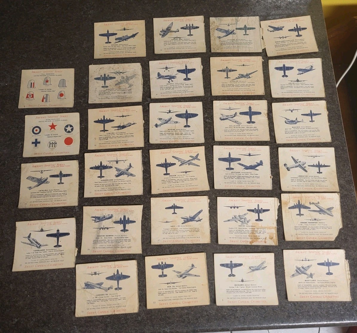 1940-45 WWII Aircraft Spotter Series Sweet Caporal RARE PARTIAL SET of 28 Cards 