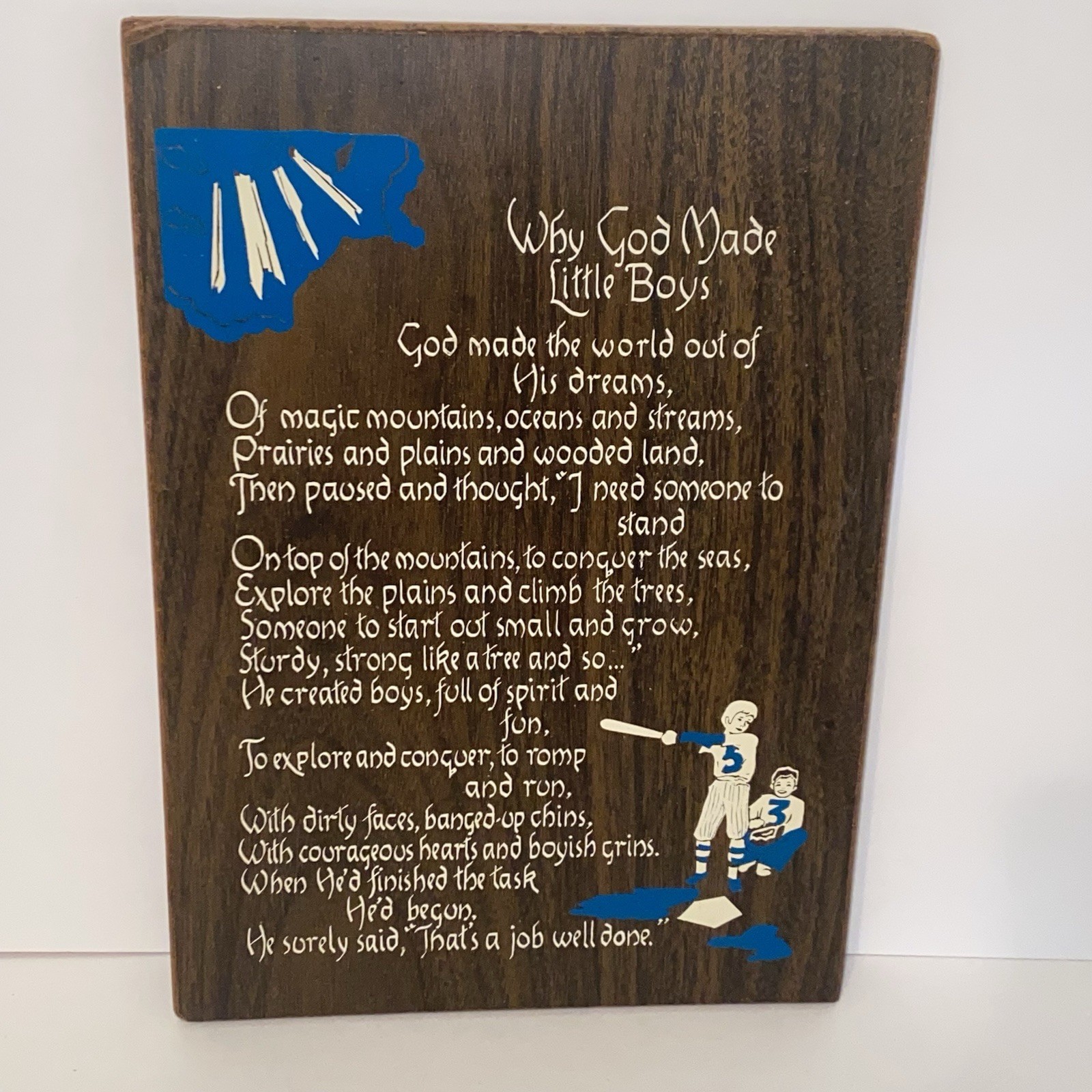 Vintage Why God Made Little Boys Dark Wood Wall Hanging Plaque