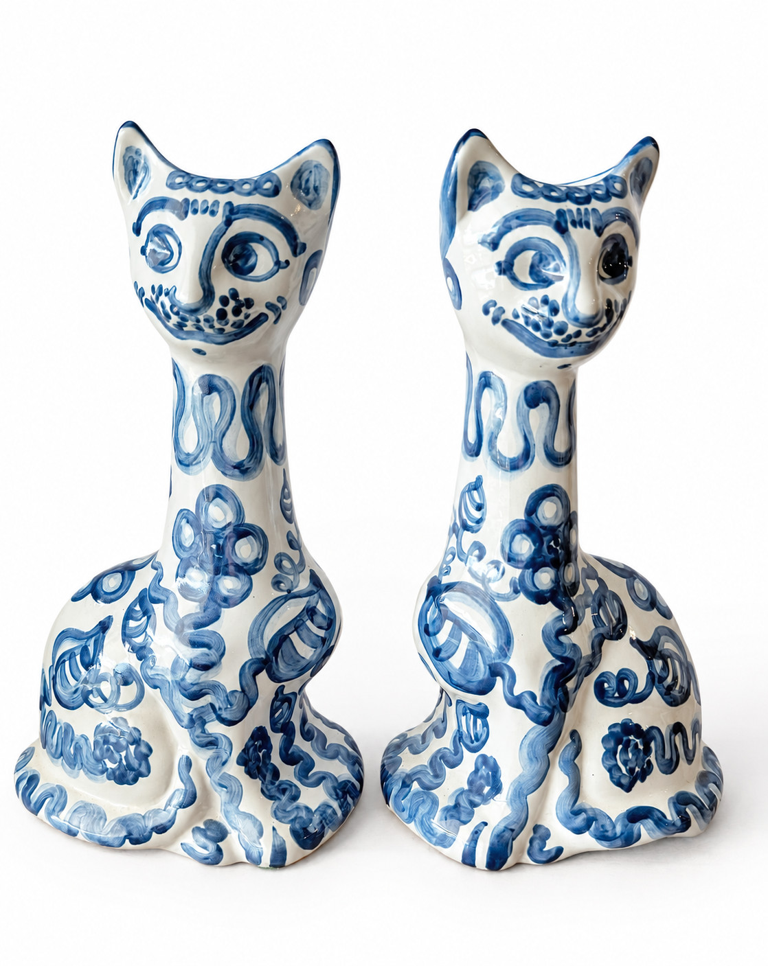 Vintage Pair MA Hadley Pottery 14.5” Tall Cat Vases Blue Hand Painted Stoneware