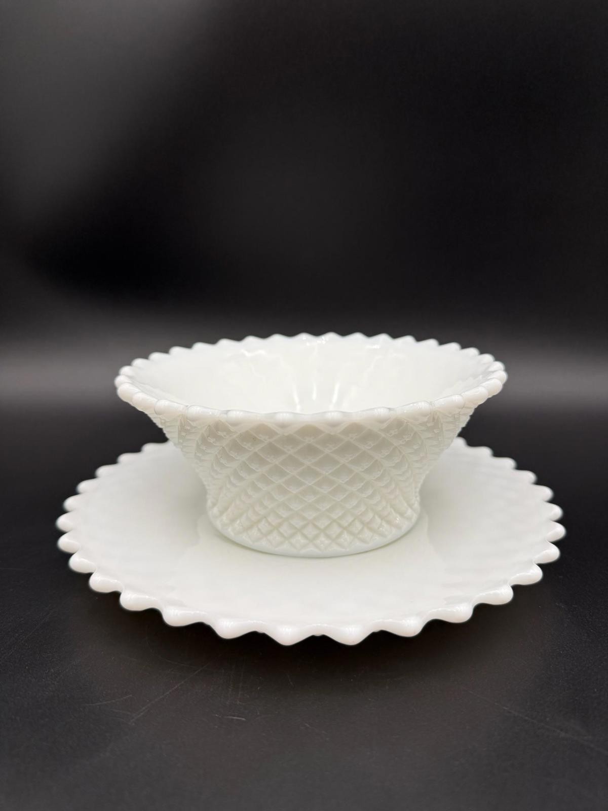Vintage Westmoreland English Hobnail Milk Glass Bowl and Plate Set Scalloped Rim