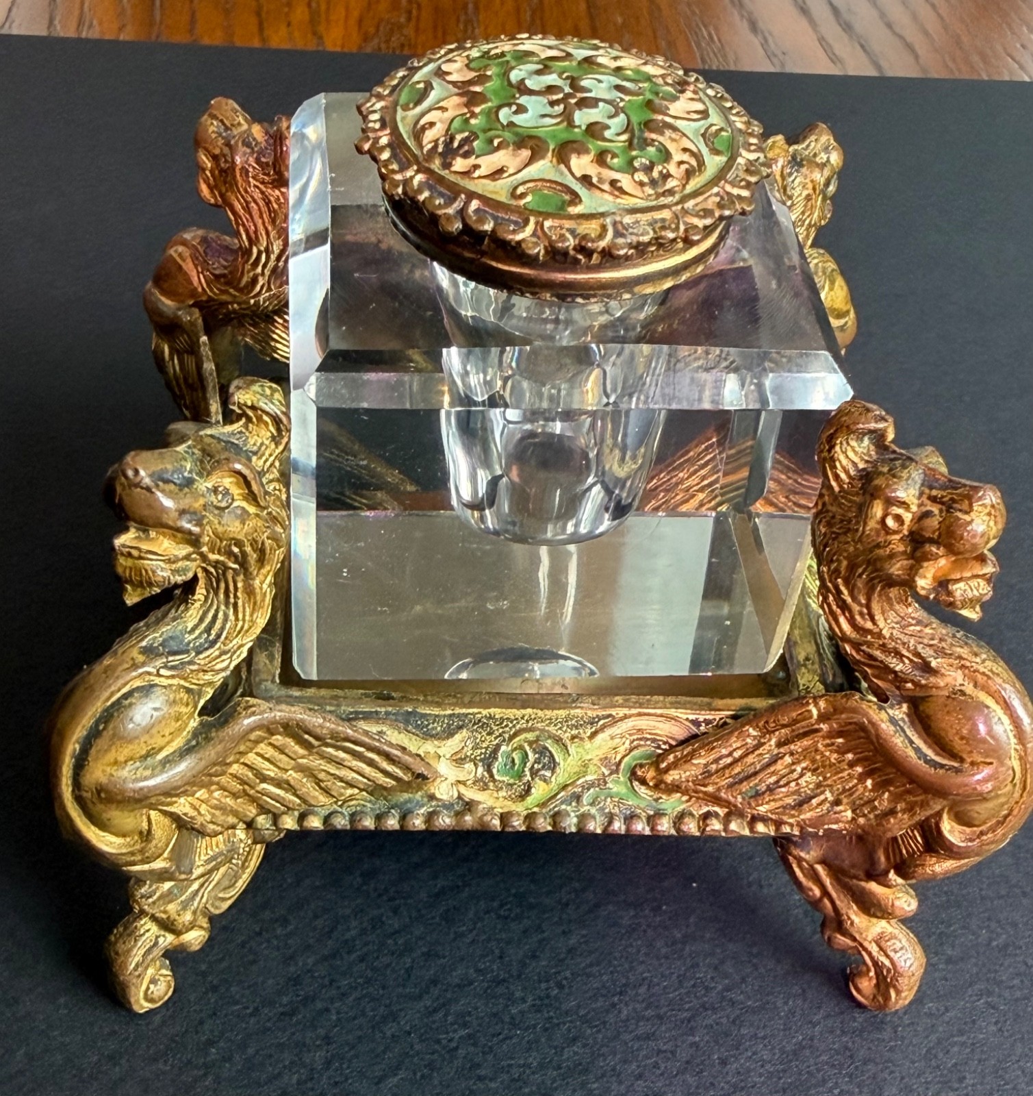 Antique Enamelware-Brass Inkwell with 4 corner Griffin figures & original glass