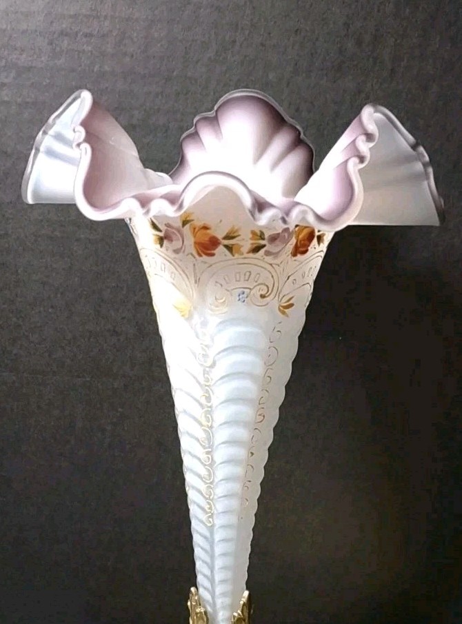 RARE GLOWING EPERGNE RUFFLED VICTORIAN HAND PAINTED ENAMEL W BRONZE BASE AMAZING