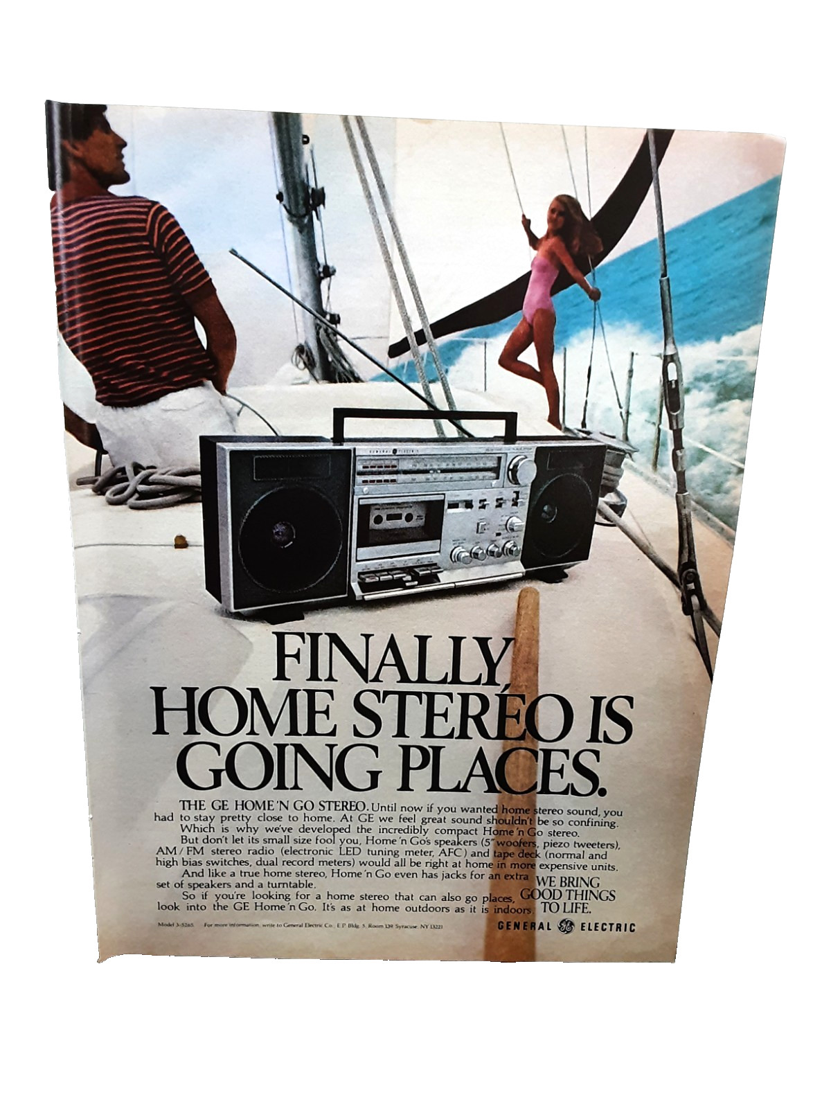 1981 GE Home N Go Stereo Print Ad Vintage Boombox Radio Sailboat Scene Promo