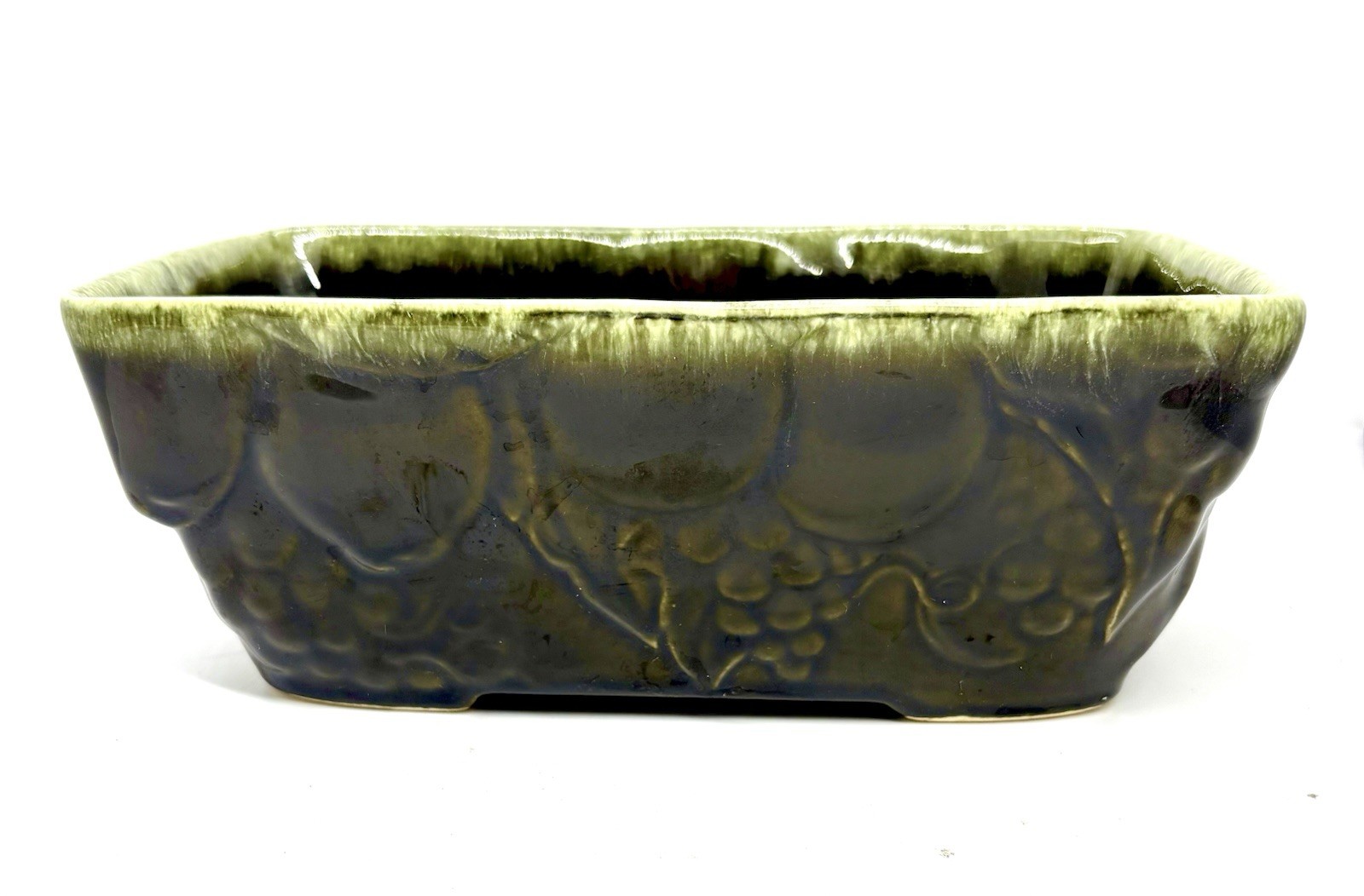 Vintage Hull USA F18 pottery Rectangular planter drip glaze, grape design 9”x5” Vintage Hull USA F18 pottery Rectangular planter drip glaze, grape design 9”x5”