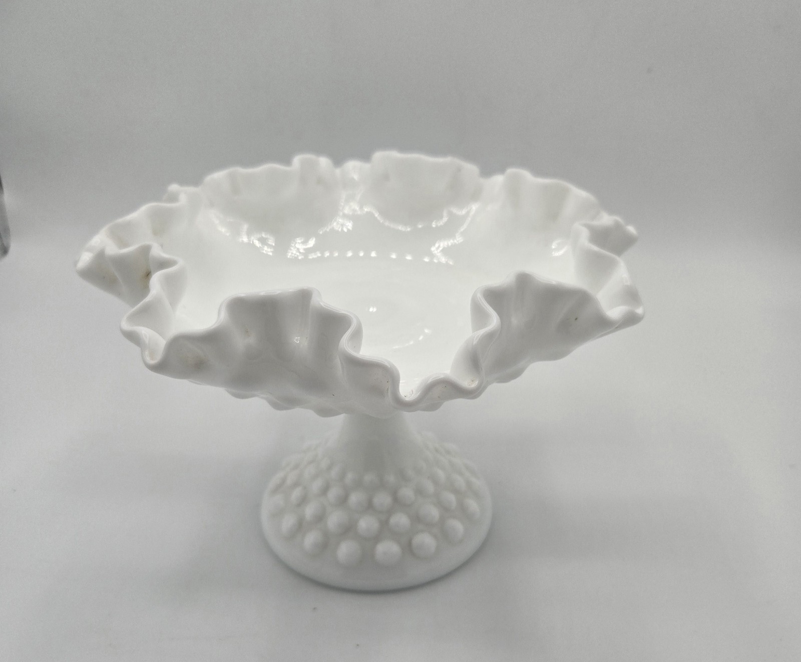 Fenton Hobnail White Ruffled Edge Milk Glass Pedestal Compote Bowl Candy Dish 8”