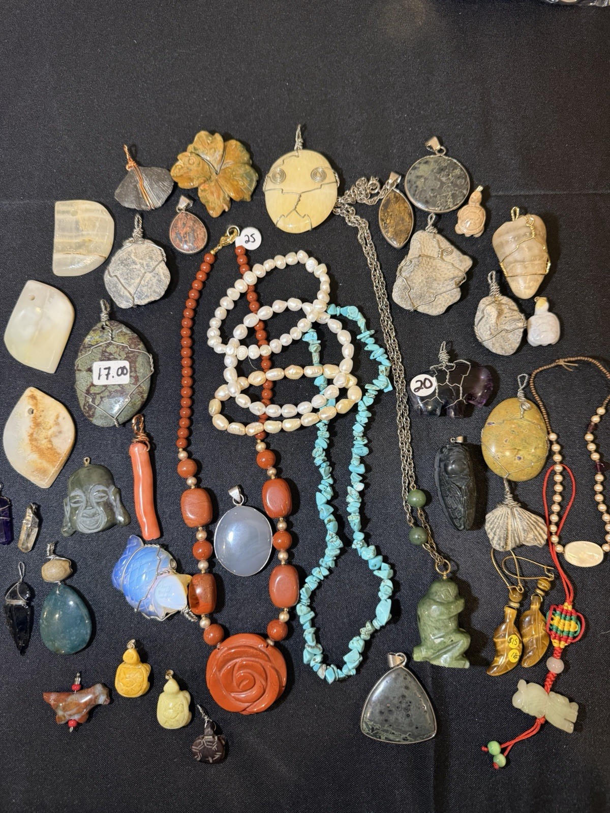 Lot Of Carved Stone, Wire Wrapped, Pearl, Stone, And Gemstone Jewelry