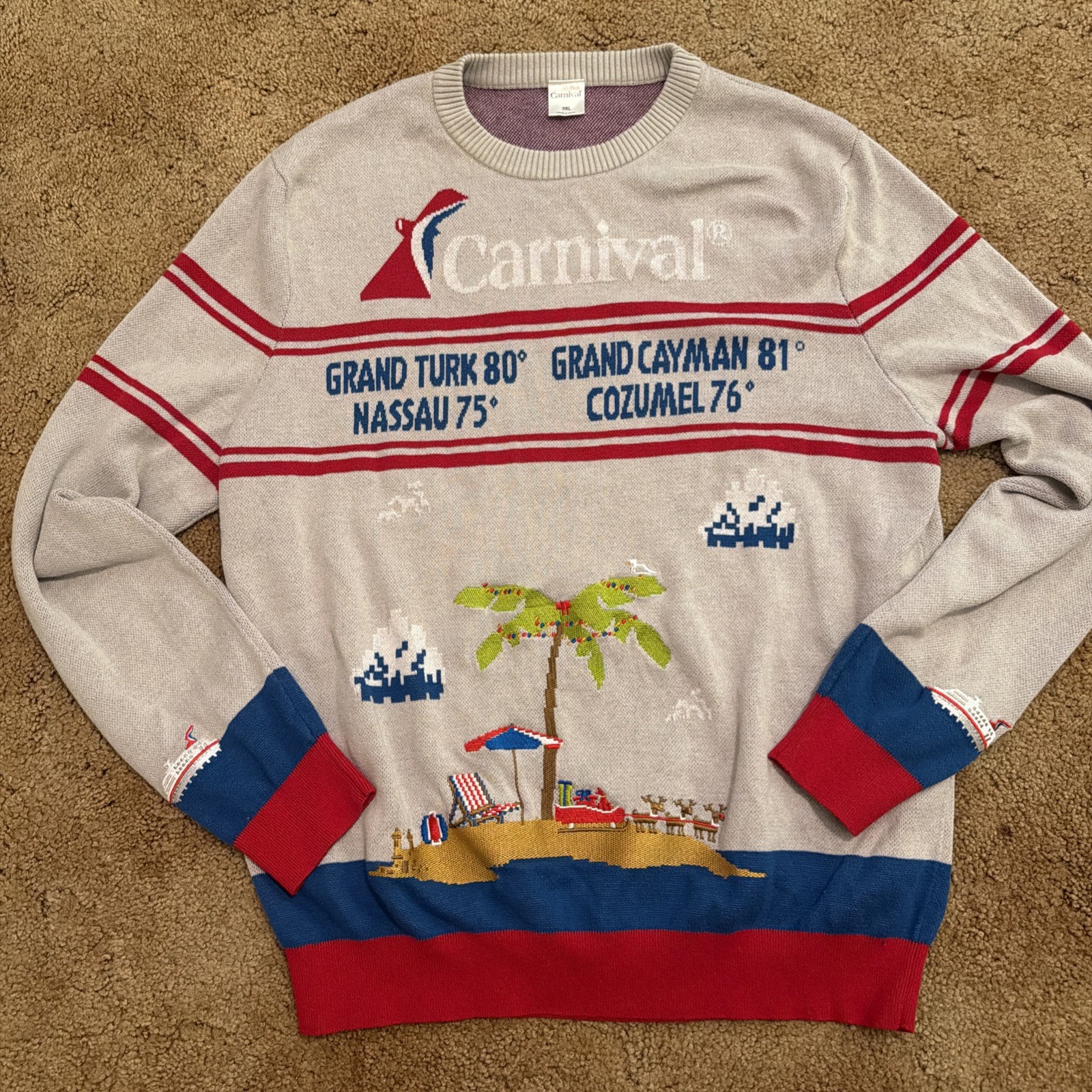 Rare Carnival Cruise Stitched Cayman Conzumel Nassau Ship Logo Sweater Sz 2XL