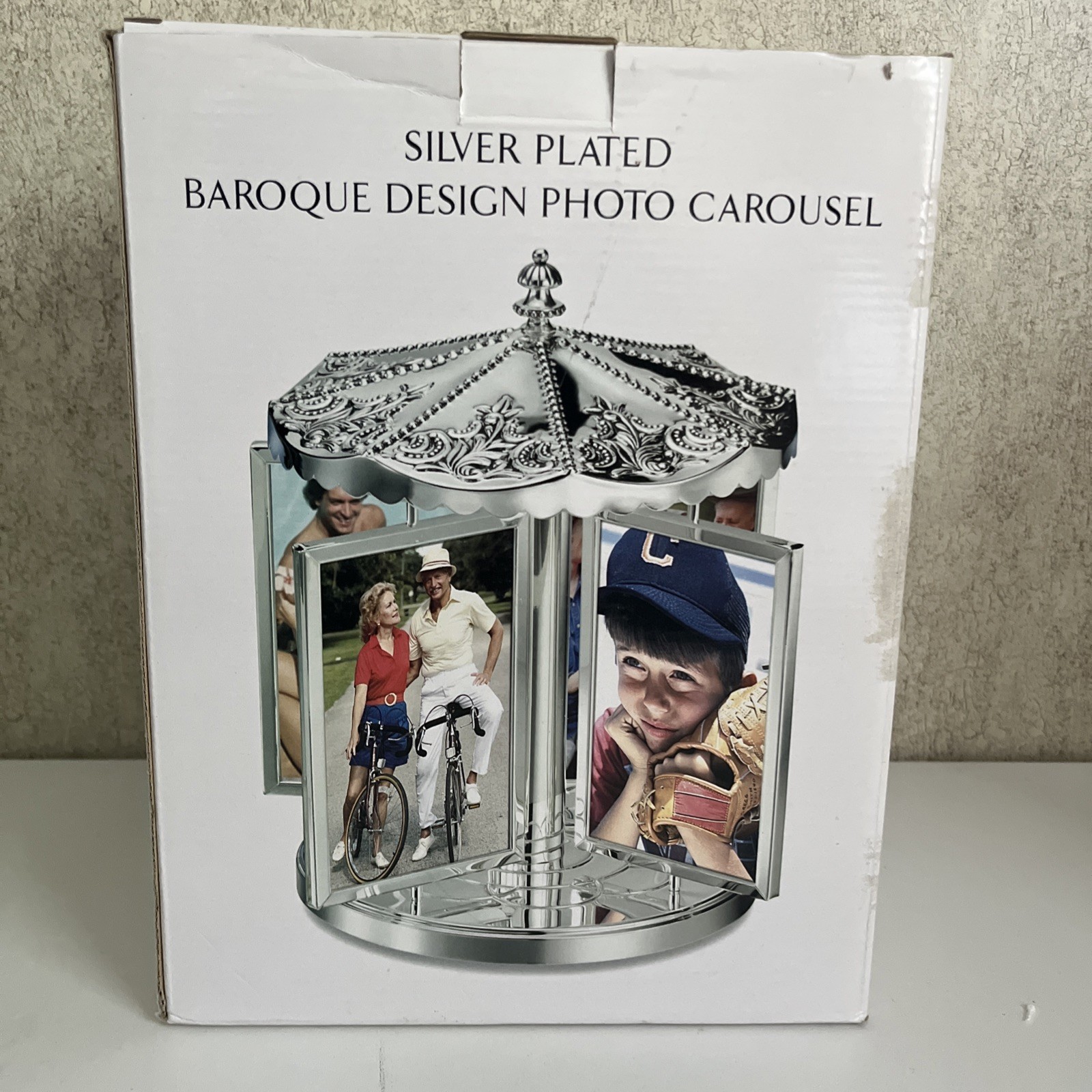 Godinger Silver Plated Baroque Carousel Revolving Photo Frame Holder 12 4x6 NOB