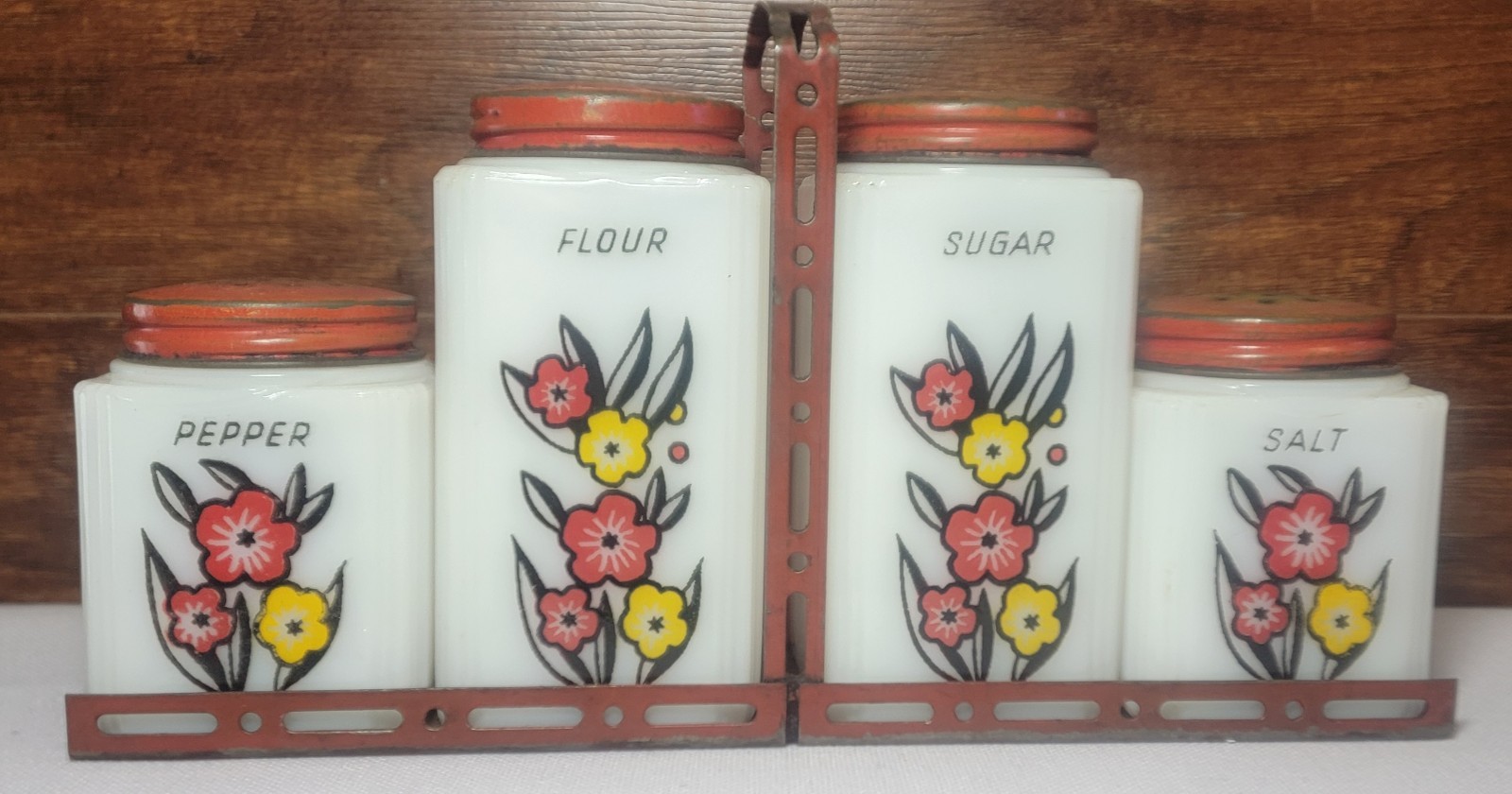 Vintage McKee Tipp City Milk Glass Salt Pepper Shakers Sugar Flour Cosmo Flowers