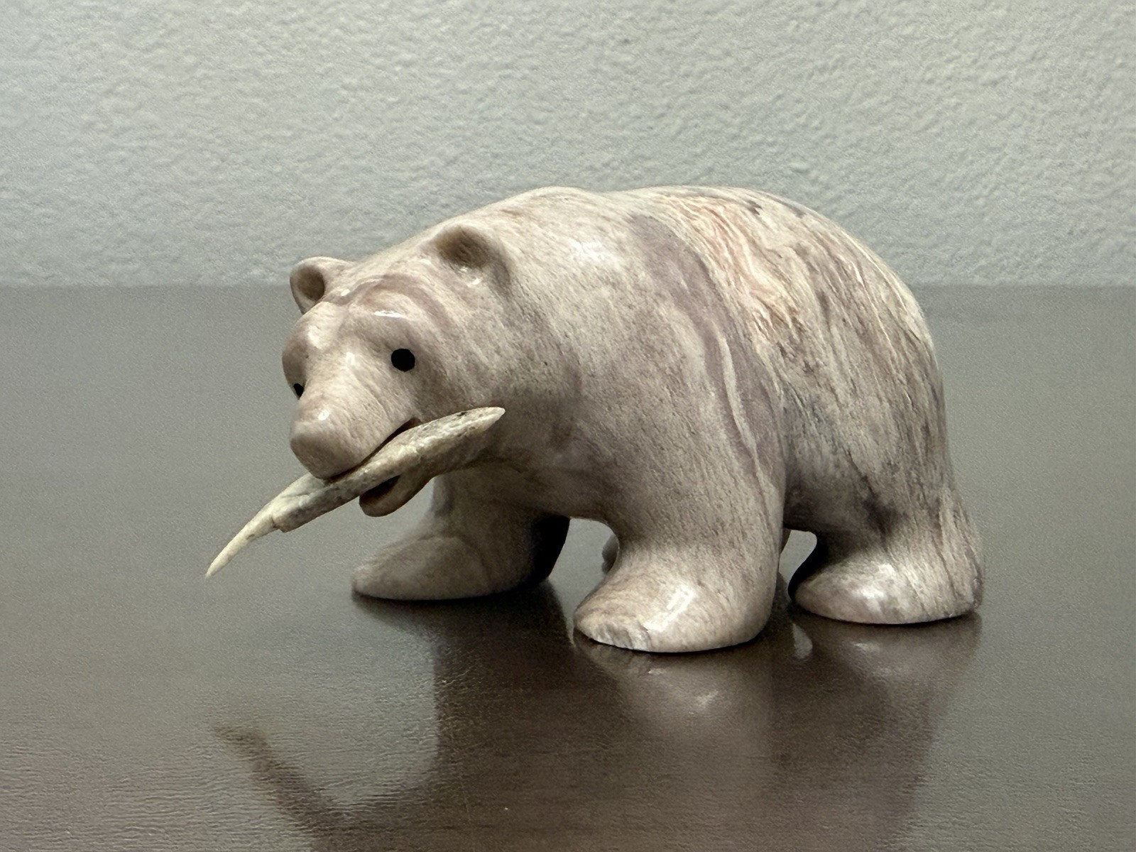 Vintage Hand Carved Soapstone Bear with Fish Figurine, Signed GP