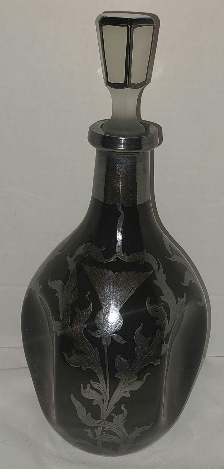 Cambridge Art Deco Thistle Pattern Silver Overlay on Ebony Glass Pinch Decanter