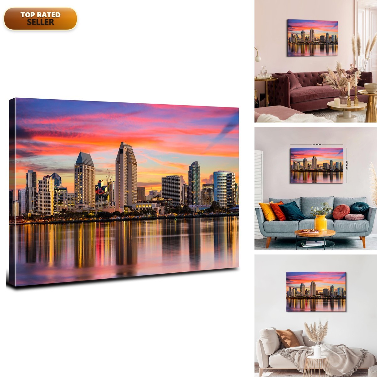 YOOOAHU San Diego Skyline Burnt Orange Sunrise Canvas Art 24x36\