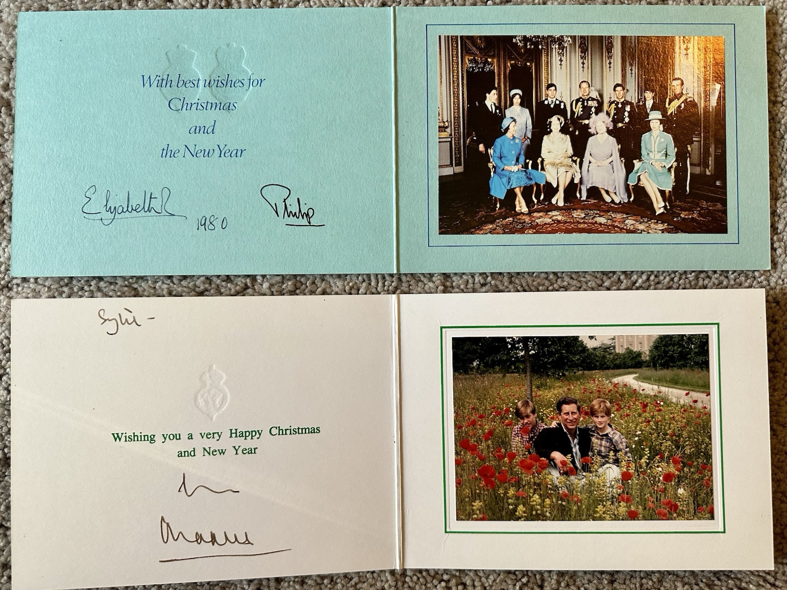 QUEEN ELIZABETH & PRINCE PHILIP - 1980 & King Charles III 1994 signed Xmas Cards