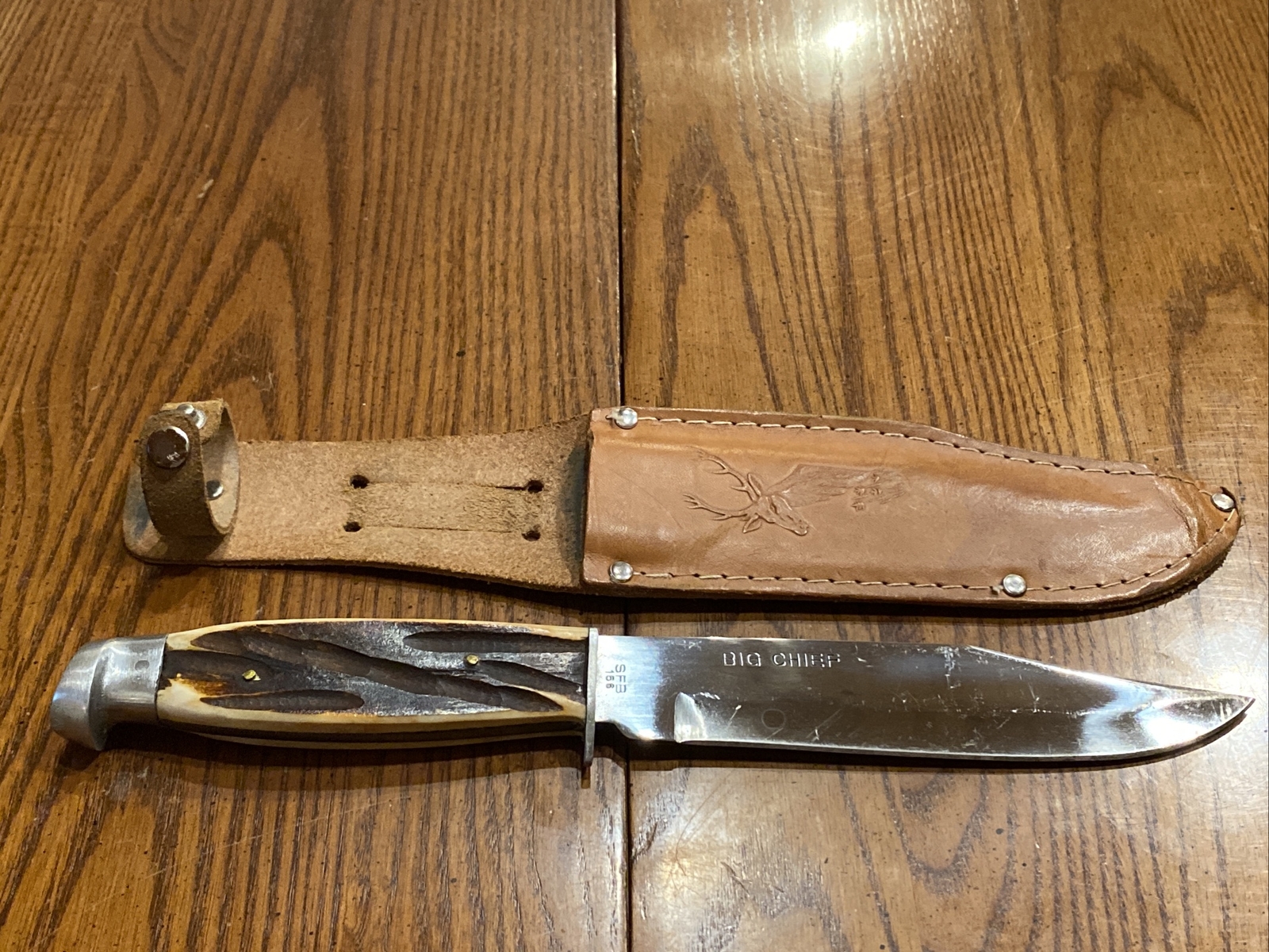 Vintage 10.5” Big Chief Japan SFB 156 Stag Handle With Deer Buck Sheath 6” Blade