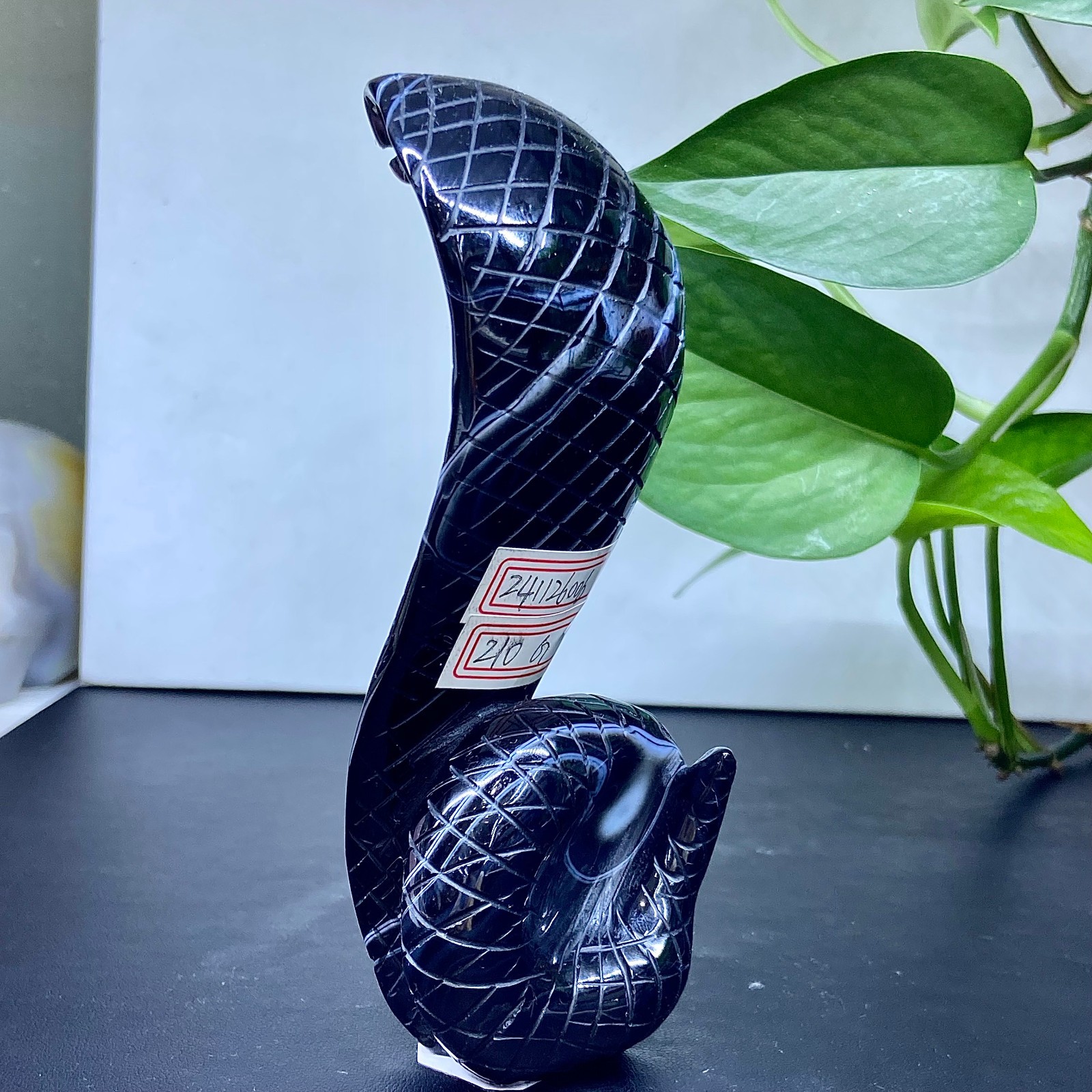 254G Natural black agate hand carved snake natural gemstone