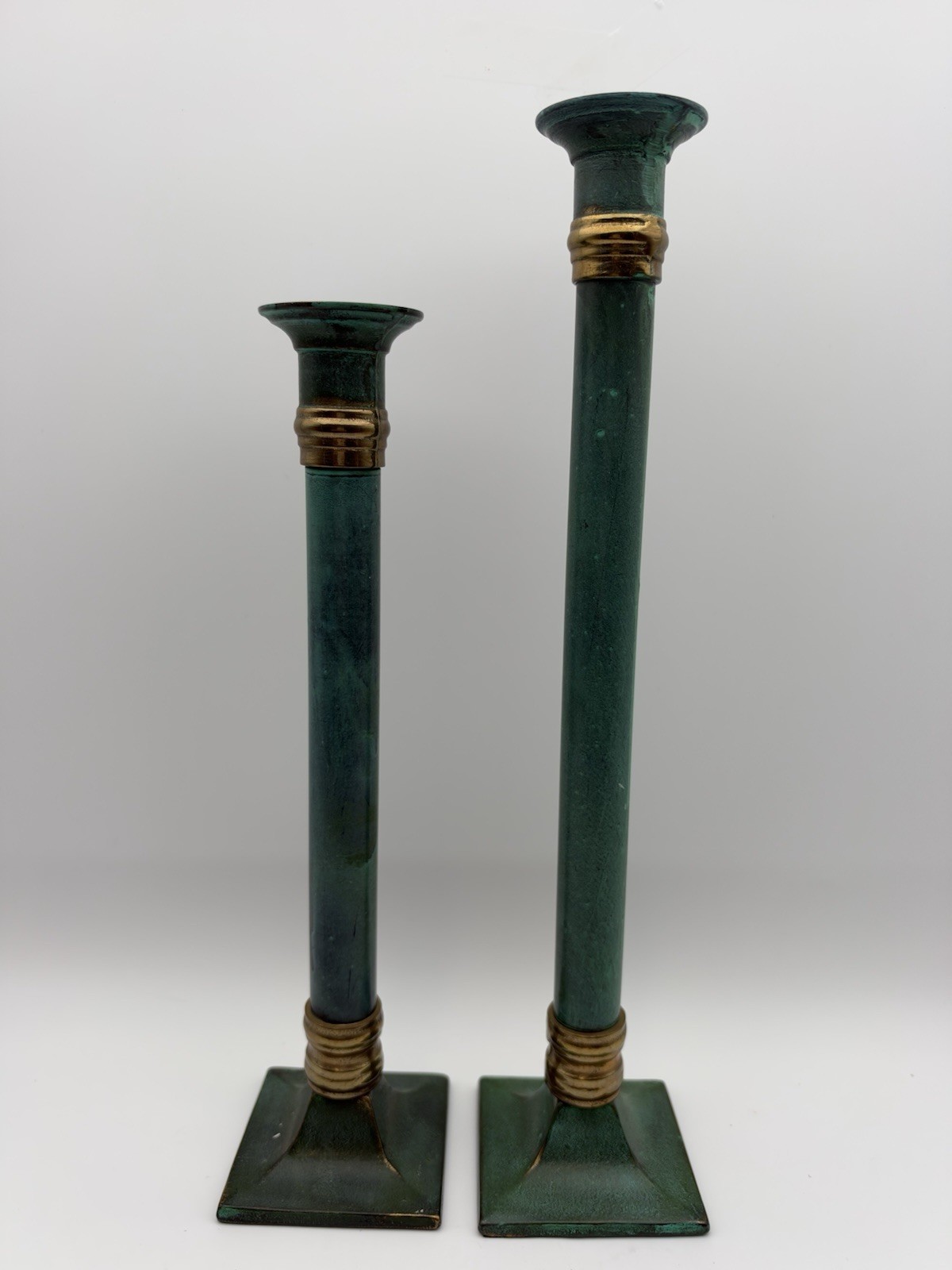 Vintage Hollywood Regency Verdigris Brass Candlestick Set Taiwan 11” 13” Column