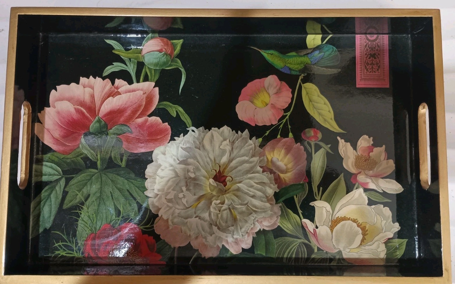 Vintage Michel Design Works Floral Lacquer Serving Tray Hummingbird Black 