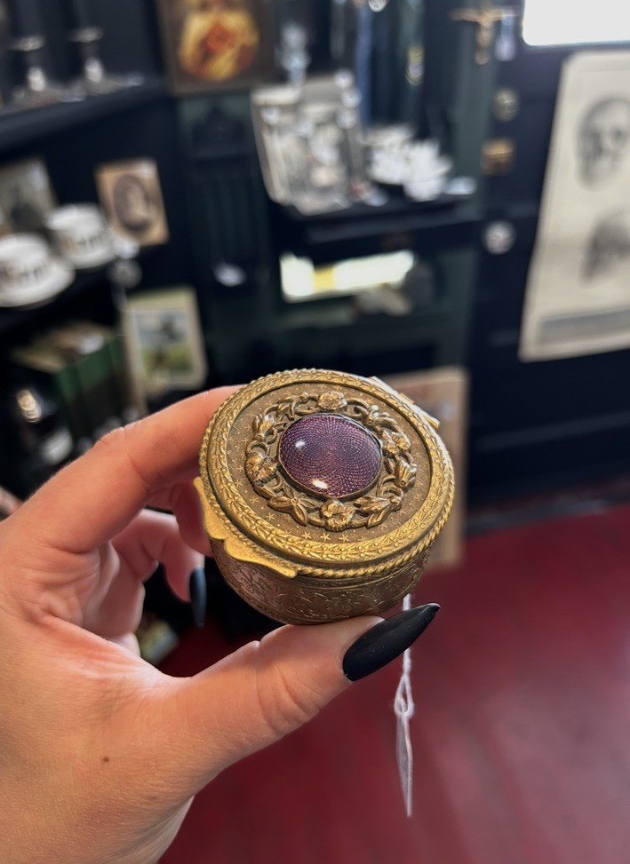 1800s Antique Brass Miniature Trinket Box Compact W/ Purple Enamel Inlay Details